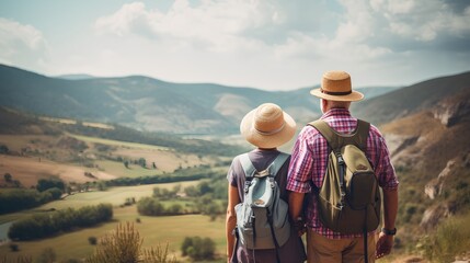 Fototapeta na wymiar An active senior couple is seen traveling, hiking through a picturesque mountainous landscape. They are dressed in hiking gear, carrying backpacks, and enjoying the breathtaking scenery around them.