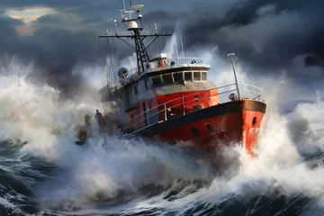 Fotobehang A cargo or fishing ship is caught in a severe storm. Ship at sea on big waves. The threat of shipwreck. Element in the ocean. The hard work of a sailor. © Anoo