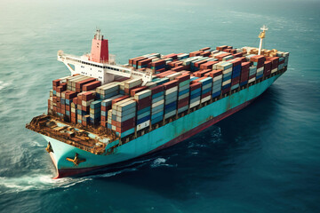 Global business logistics of import-export cargo. Cargo ship with sea containers on board in the port. Transportation of goods across the ocean. Ship with containers in the ocean.