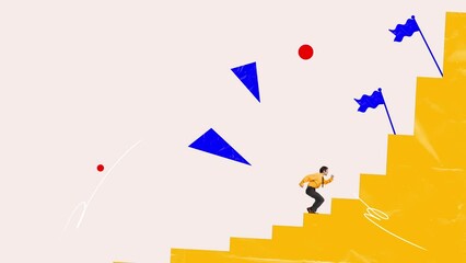 Stop motion, animation. hardworking office worker, project manager climbing stairs and career ladder over a light background. Concept of achievements, motivation