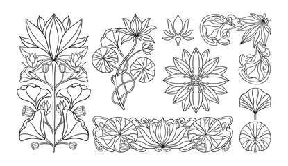Floral lotus plant in art nouveau 1920-1930. Hand drawn in a linear style with weaves of lines, leaves and flowers. - obrazy, fototapety, plakaty