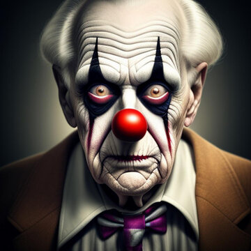 Atmospheric portrait of a sinister scary whiteface circus clown.  Generative AI