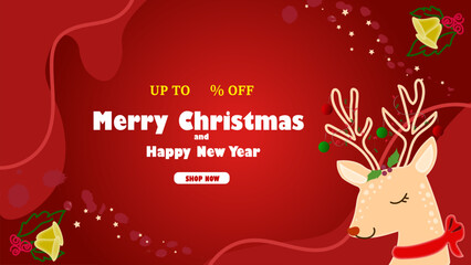 Banner for Christmas and New Year Suitable for trading in children's clothing. Christmas background with deer, bells and sparkling stars decorated on a red background.
