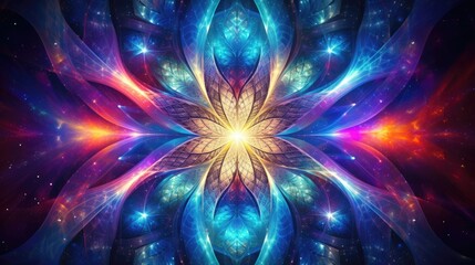 Cosmic kaleidoscope background. Abstract sci-fi mandala fractal luminous neon glowing colorful lights wallpaper..