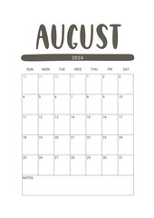 Vector Calendar Planner for August 2024. Week Starts Sunday. Stationery Design for Printable. Objects Isolated on White Background.
