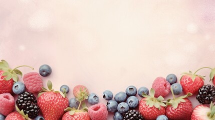 A wallpaper adorned with juicy berries like strawberries, blueberries, and raspberries on a softly textured pink backdrop, AI generated