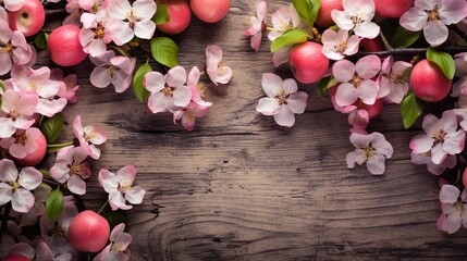 Obraz na płótnie Canvas A wallpaper pattern showcasing ripe apples and apple blossoms on a textured wooden plank background, evoking the ambiance of a peaceful orchard and offering space for text. AI generated