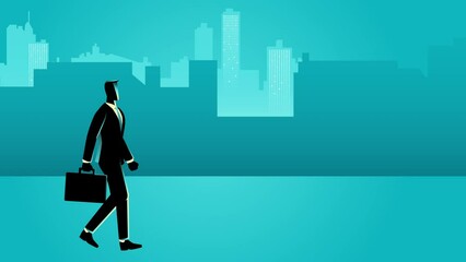Animations of a businessman confidently walking with a briefcase, set against a cityscape backdrop. This animation embodies themes of ambition, success, and urban professionalism