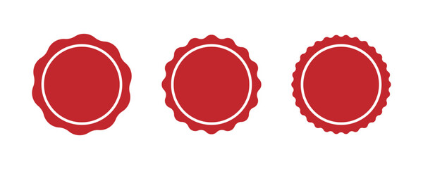 Red circle seal stamp icons. Vintage wavy edge circle sticker. Star burst shape tags. Blank sale round sticker. Simple circle red wax seal. Vector illustrations set isolated on white background. - 653592640
