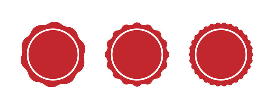 Red circle seal stamp icons. Vintage wavy edge circle sticker. Star burst shape tags. Blank sale round sticker. Simple circle red wax seal. Vector illustrations set isolated on white background.