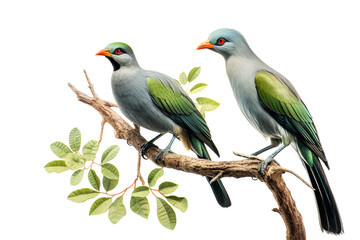 Image of group of green billed malkoha bird on a branch on a white background. Birds. Animals. Illustration, Generative AI.
