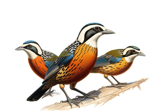 Image of group of malayan banded pitta on a branch on a white background. Birds. Animals. Illustration, Generative AI.