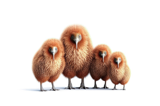 Image of family of kiwi birds on a white background. Birds. Animals. Illustration, Generative AI.