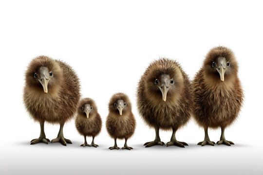 Image of family of kiwi birds on a white background. Birds. Animals. Illustration, Generative AI.