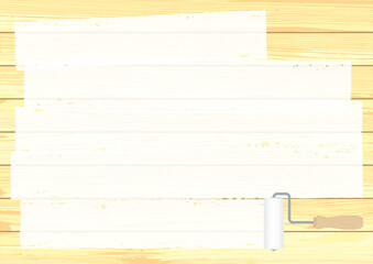 ローラーで白く塗られた木の壁　ペンキ　絵の具　A4