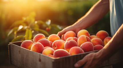 Naklejka premium Person holding a fresh basket of ripe peaches, farmer harvesting, fresh golden orange pink peach