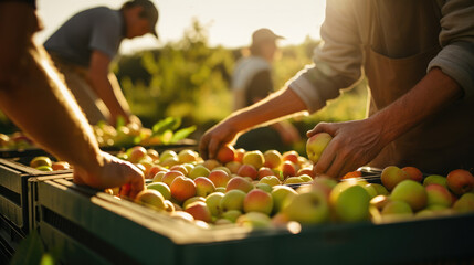 Crates of harvested apples, farmer workers freshly picked apples, working on an orchard