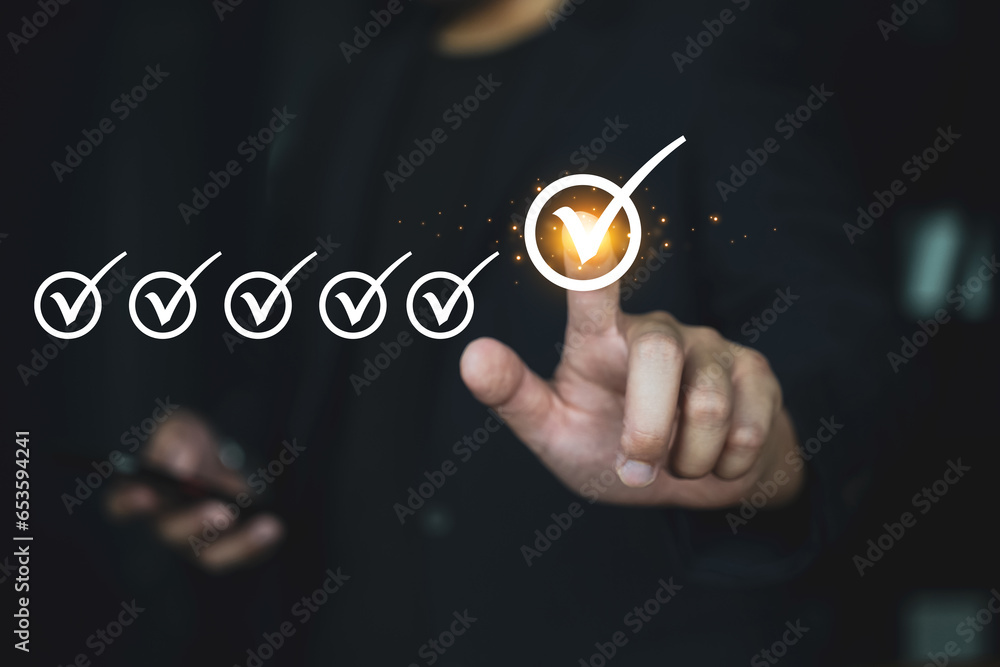 Poster business people pressing on correct sign mark on visual screen for concept of quality control and ch