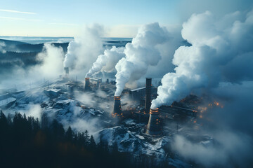 Foggy winter morning, industrial zone, smoke from chimneys in atmosphere, blue toned, aerial view