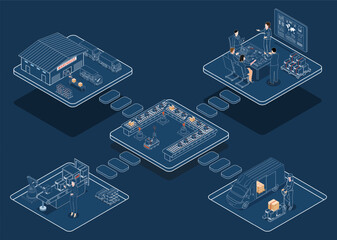 3D isometric Global logistics network concept with Transportation operation service, Supply Chain Management - SCM, Company Logistics Processes. Vector illustration EPS 10 - obrazy, fototapety, plakaty