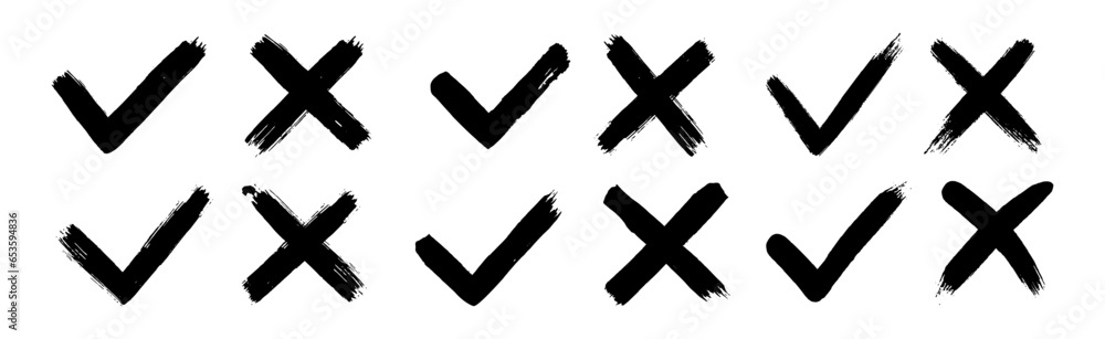 Poster dirty grunge hand drawn with brush strokes cross x and tick ok check marks v vector illustration set