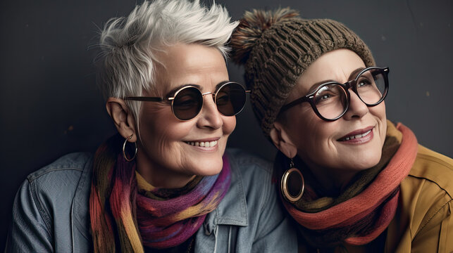 old 60 yo Lesbian couple close up portrait. Love story, lifestyle