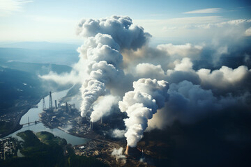 Fototapeta premium Smoke from chimneys in atmosphere, blue toned, aerial view.