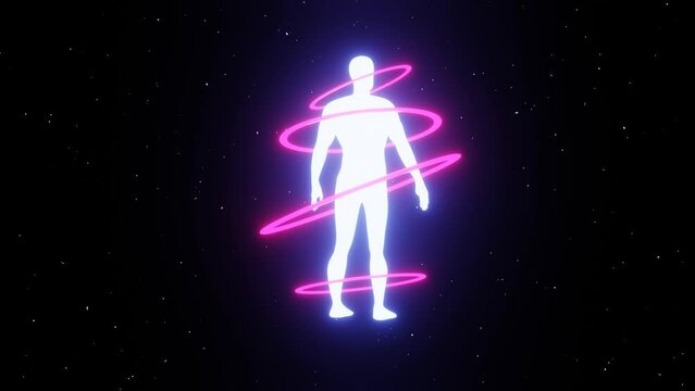 Glowing calming spirituality psychedelic euphoria human with neon shine hoops in the dark space with glowing stars and hoop,  abstract cyber human 4K 30 fps, Y2K 80s retro wallpaper animation	