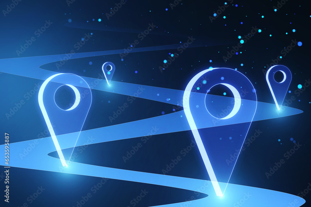 Poster creative glowing blue digital geolocation texture. 3d rendering.