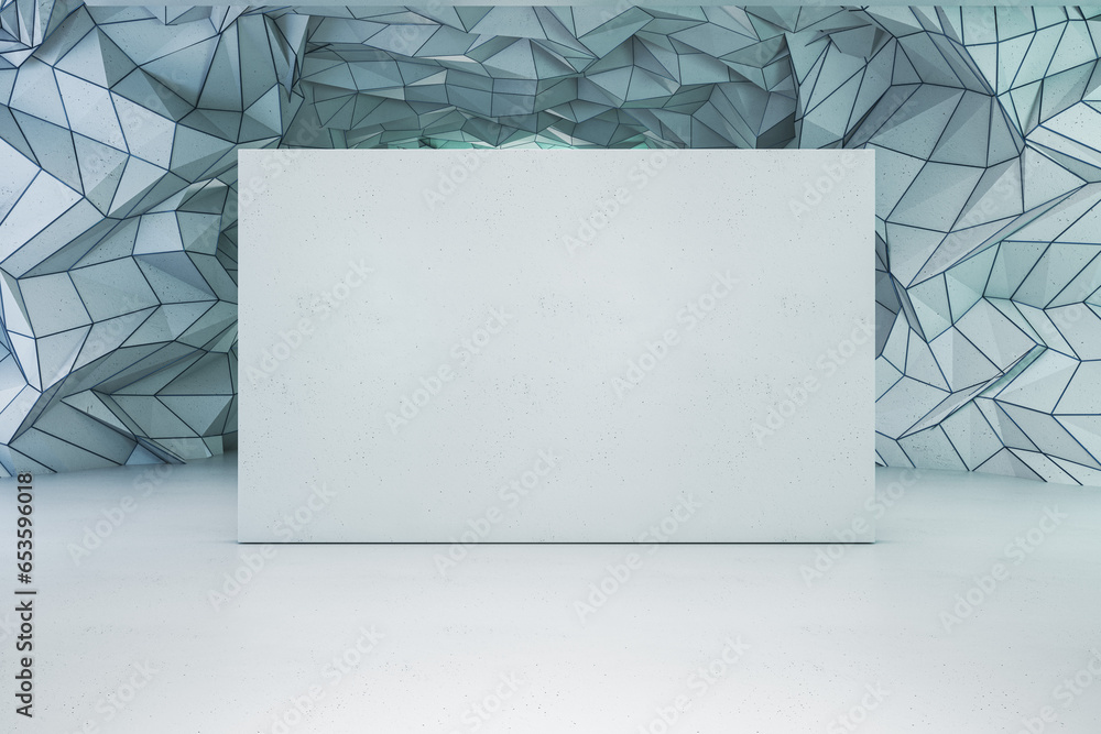 Poster modern abstract geometric crystal cave museum interior with mock up place on empty poster. 3d render