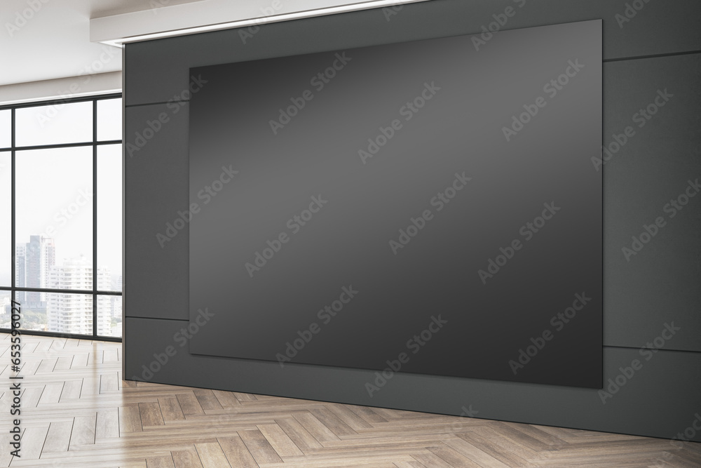 Poster modern gallery interior with empty mock up banner on black wall, wooden flooring with reflections an