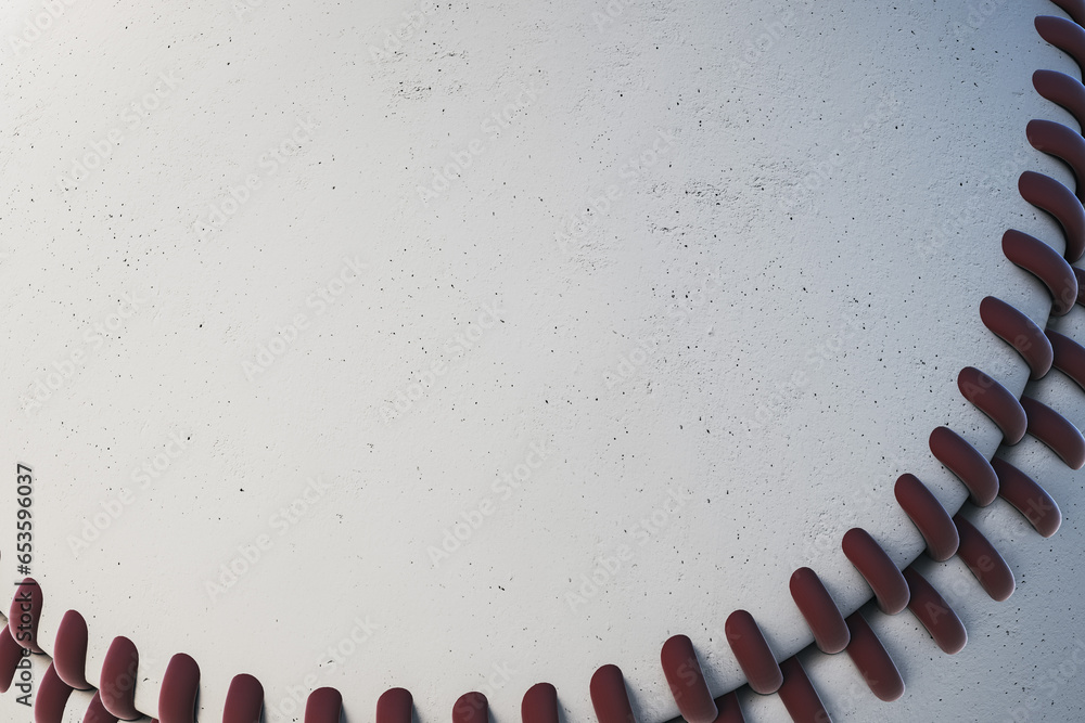 Poster close up of white cricket ball texture with mock up place. ball with stitches background. 3d renderi
