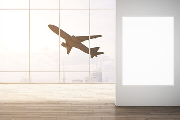 Modern airport interior with mock up poster on wall and flying airplane seen through panoramic window with city view and daylight. Take off, travel and transportation concept. 3D Rendering.