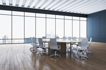 Modern meeting room interior with wooden flooring and panoramic windows with city view. 3D Rendering.