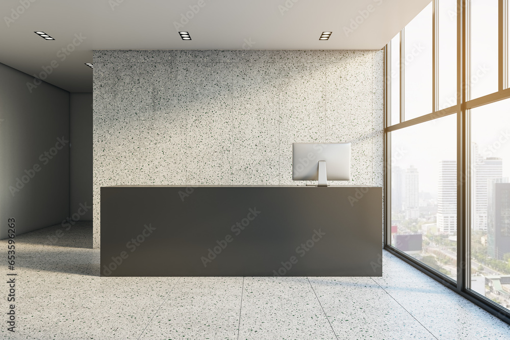 Poster modern concrete office interior with black reception desk and panoramic windows with city view. lobb