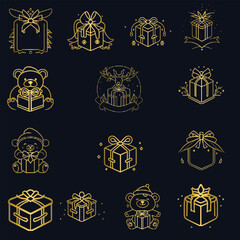 Set of golden christmas gifts, collection of isolated presents