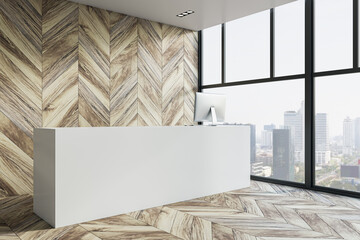 Clean wooden office interior with white reception desk and windows with city view. Lobby concept. 3D Rendering.