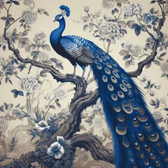 Keuken spatwand met foto luxury chinoiserie painting style of plum tree cherry blossom with peacock © Wipada