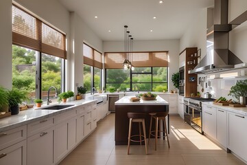 **Generate a detailed image of a chef's kitchen with professional appliances and garden views.
