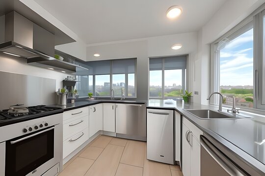 **Generate a detailed image of a chef's kitchen with professional appliances and garden views.
