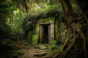 ancient doorway hidden amidst trees. Generative AI