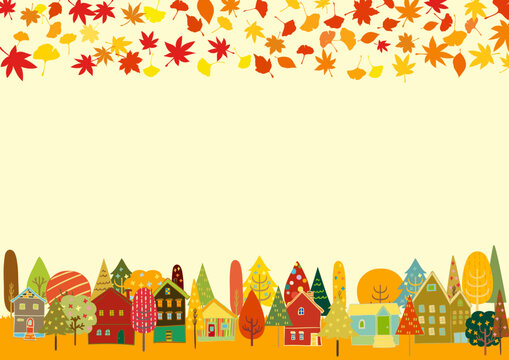 北欧風 秋色かわいい木々と木の葉とお家 フレーム
