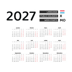 Calendar 2027 French language with Luxembourg public holidays. Week starts from Monday. Graphic design vector illustration.