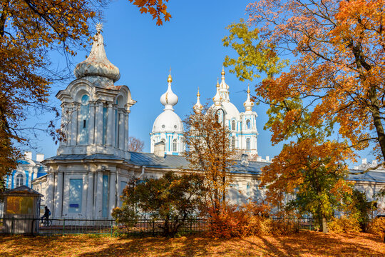Parterre garden of Smolny Institute and Smolny monastery in autumn, Saint Petersburg, Russia
