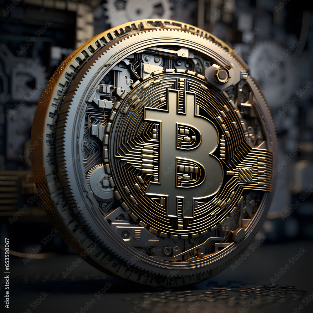 Aufkleber Close up crypto currency bitcoin with red light. decentralize technology digital asset sound of money. store of value. 