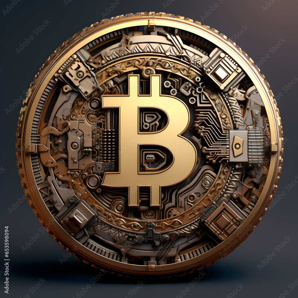 Aufkleber Close up crypto currency bitcoin with red light. decentralize technology digital asset sound of money. store of value. 