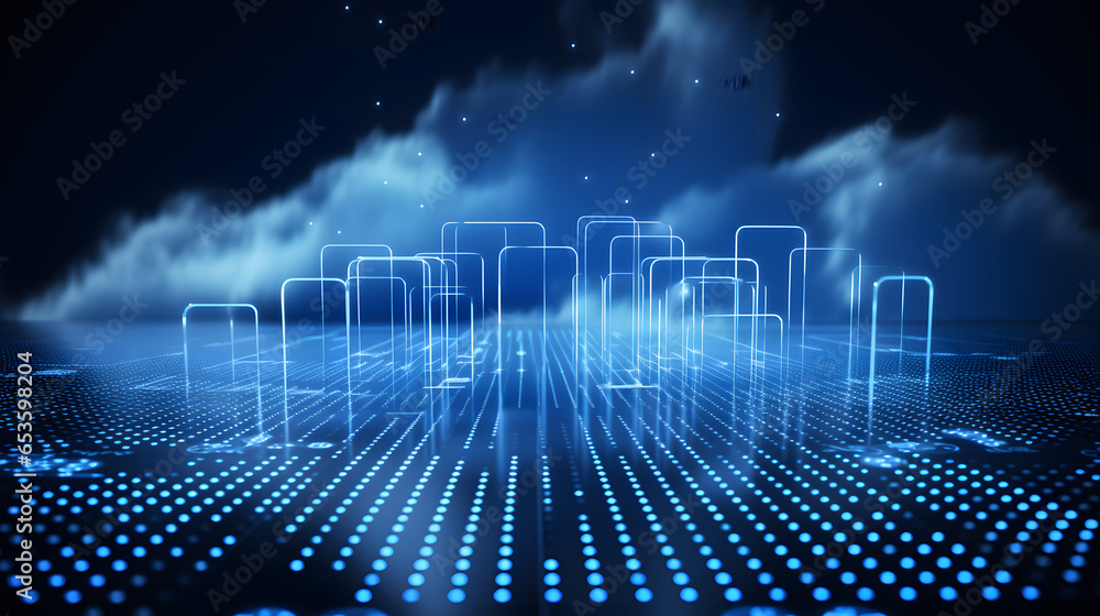 Poster abstract background with glowing lines with clouds. Cloud computing technology and big data concept or data analytic information. Artificial intelligence