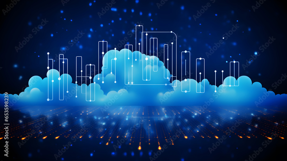 Poster abstract background with glowing lines with clouds. Cloud computing technology and big data concept or data analytic information. Artificial intelligence