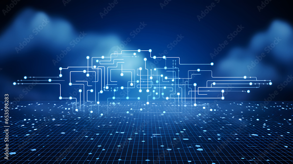 Poster abstract background with glowing lines with clouds. Cloud computing technology and big data concept or data analytic information. Artificial intelligence