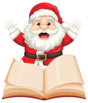 Cheerful Santa Claus Cartoon Character with Open Book